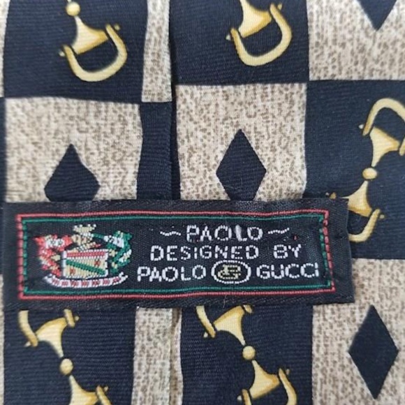 Gucci Paulo Silk Necktie Vintage Accessory Horsebit Pattern Black Tan COA - Picture 5 of 9